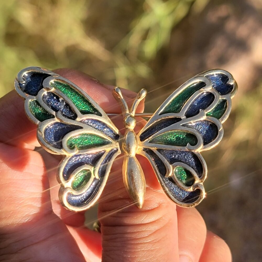 Stunning vintage gold blue and green enamel DYNASTY butterfly brooch